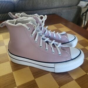 Girl's sz 3 Converse high top sneakers - pink/sage leather w/sherpa lining